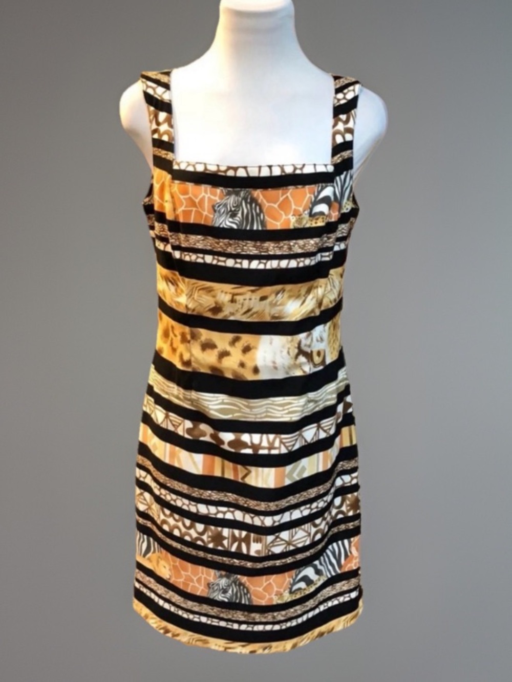 Vintage Alberto Makali BoHo CHIC African Zebra Tiger Lion Print Sheath Dβ¦
